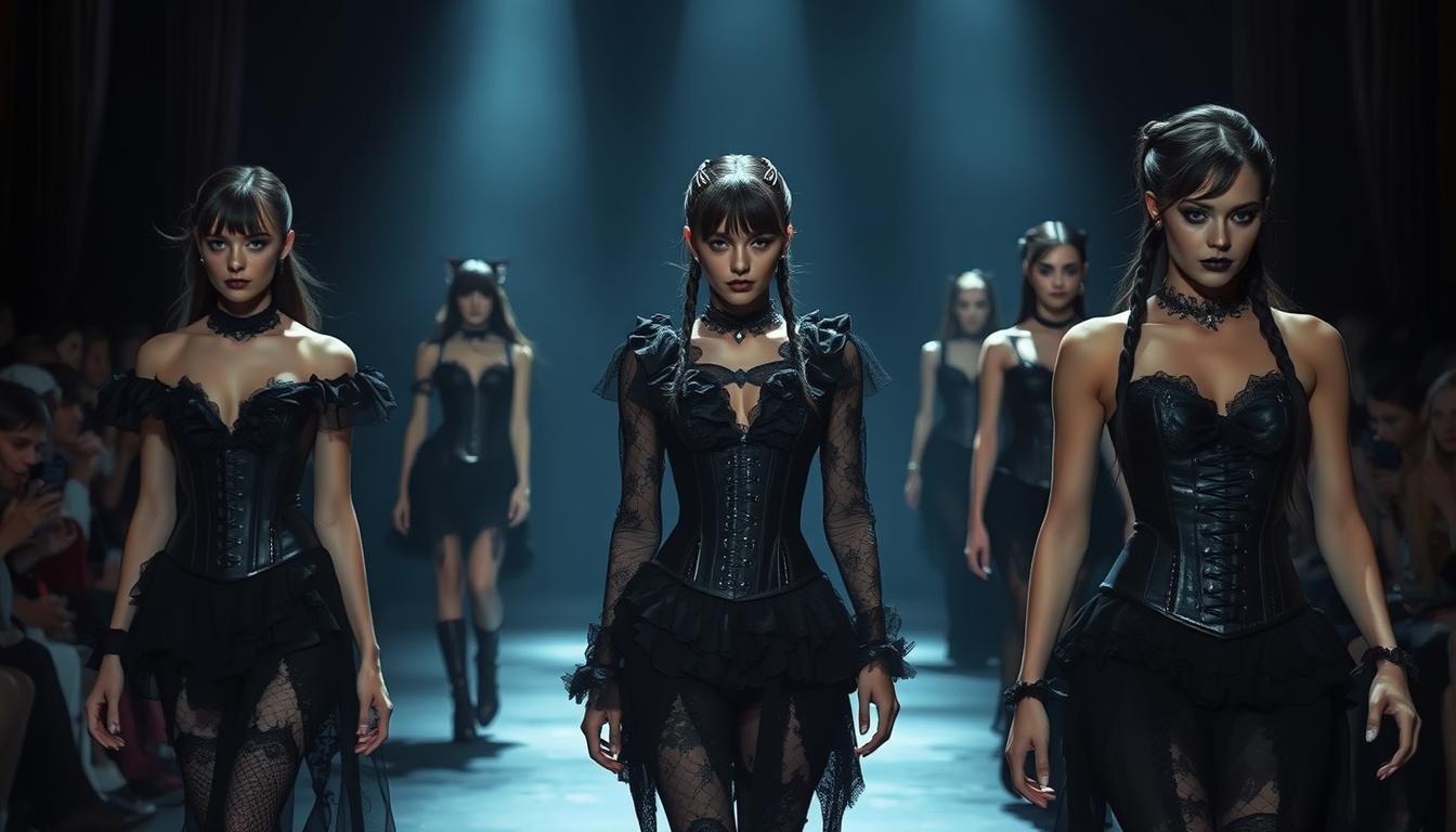 A dark, brooding scene of a modern Gothic fashion showcase. The models stride down a dimly lit runway, adorned in black lace, ruffled collars, and intricate corsets. Shimmering silver accents catch the moody lighting, casting an ethereal glow. The background is shrouded in shadowy velvet curtains, heightening the air of mystery. The makeup is dramatic, with smoky eyes and deep burgundy lips. The hairstyles are sleek yet edgy, with sharp bangs and intricate braids. An atmosphere of melancholy elegance permeates the scene, reflecting the evolution of the Goth subculture and its influence on high fashion.