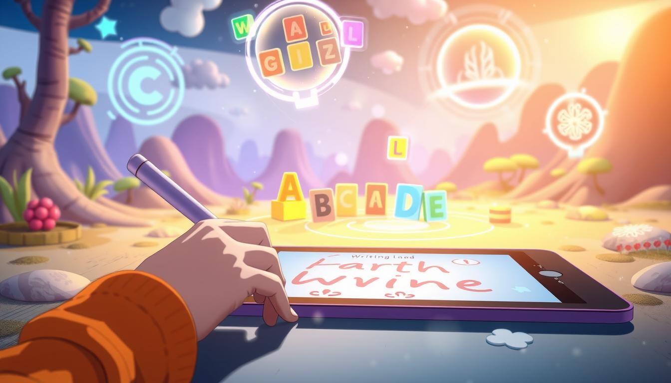 A vibrant and colorful educational writing game. In the foreground, a playful child's hand guides a digital pen across a tablet, effortlessly crafting words and shapes. The middle ground features a variety of interactive learning tools, such as customizable letter blocks, virtual stickers, and dynamic writing prompts. The background showcases a whimsical, futuristic landscape with floating holographic displays, gently pulsing lights, and a sense of technological wonder. The scene is bathed in a warm, diffused lighting that creates a welcoming, immersive learning environment. The overall mood is one of creativity, engagement, and the joyful exploration of the written word in the digital age.