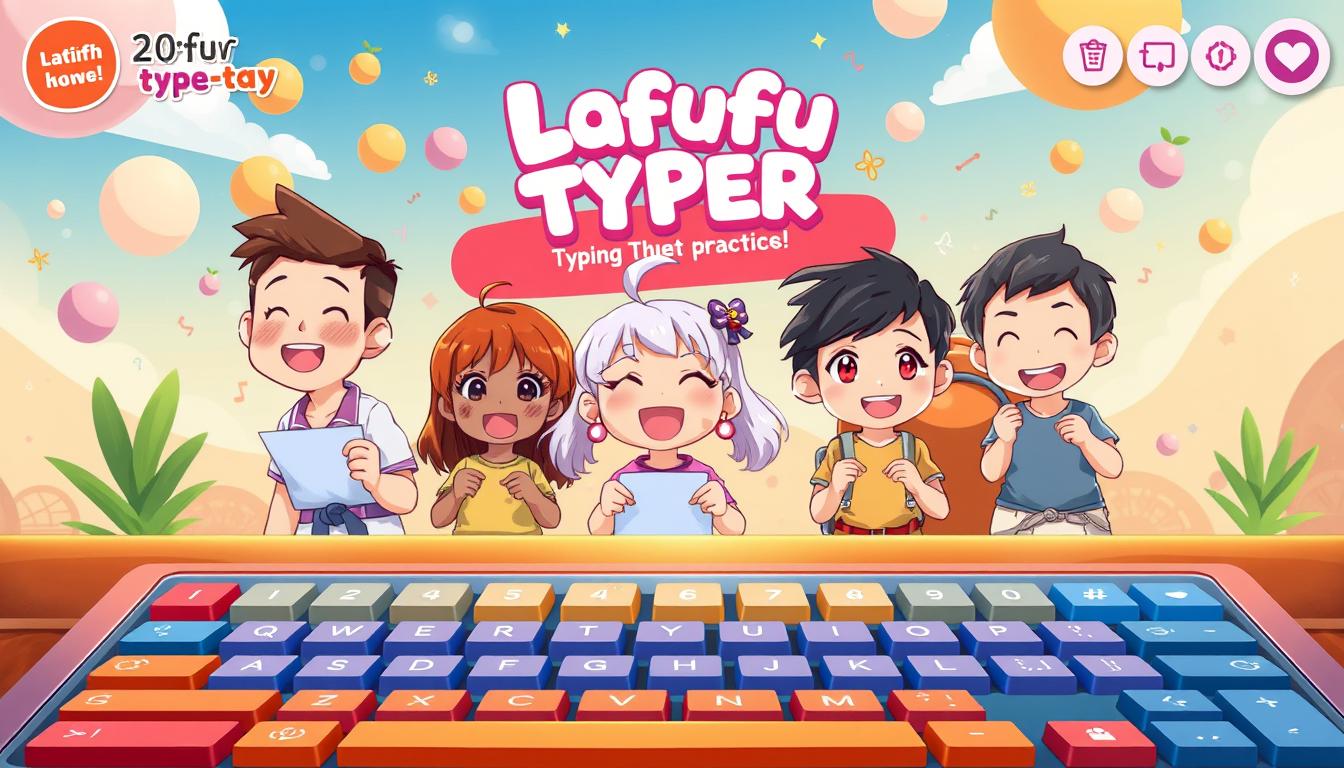 A vibrant, detailed digital illustration showcasing the educational features of the Lafufu Typer game. The foreground depicts the game's user interface, with a large, colorful keyboard and typing practice exercises. The middle ground features a group of diverse, animated characters engaged in the typing activities, their expressions conveying a sense of focus and enjoyment. The background presents a whimsical, imaginative world, with floating shapes, creative typography, and a warm, playful color palette. The overall scene exudes a positive, educational atmosphere, inviting the viewer to explore the game's interactive learning experience.