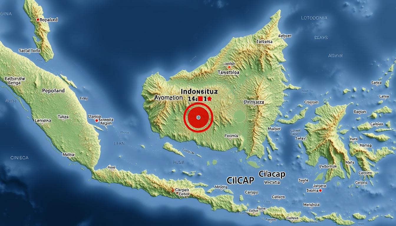 A detailed satellite map of the Cilacap region, Indonesia, showing the location and magnitude of a recent earthquake. The map has a clean, minimalist design with clearly marked epicenter, fault lines, and affected areas. The topography is rendered in muted greens and browns, with population centers and major landmarks visible. The map is presented in a wide, landscape orientation, captured with a high-resolution camera lens to convey a sense of authority and accuracy. The overall mood is informative and objective, suitable for inclusion in a news article about the earthquake event.