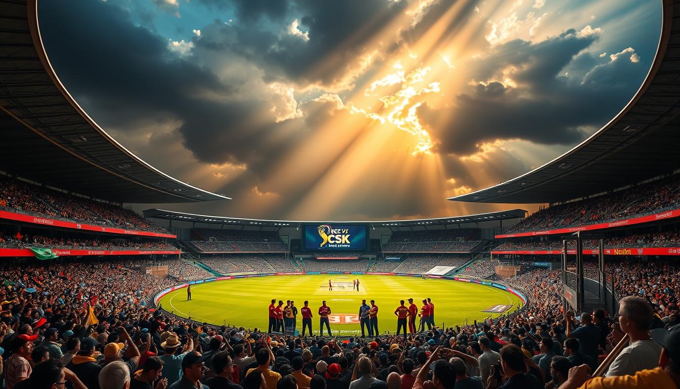 A vibrant cricket stadium filled with cheering fans, the scoreboard displaying the match details "RCB vs CSK" in bold, dynamic lighting illuminating the scene. In the foreground, two rival teams facing off on the pristine pitch, their expressions intense as they compete for the win. Overhead, a dramatic cloudy sky with rays of sunlight piercing through, creating a cinematic atmosphere. The stands are packed with spectators waving flags and banners, their enthusiasm palpable. The entire image conveys the spirit of a high-stakes, live cricket match between these two legendary teams.