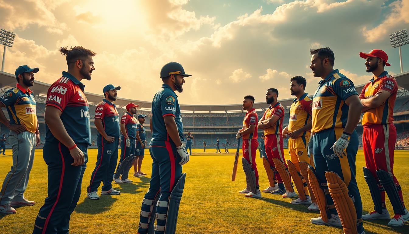 A highly-detailed, cinematic scene of two cricket teams, Royal Challengers Bangalore and Chennai Super Kings, facing off on a lush, sun-dappled cricket pitch. In the foreground, the star players from each team stand in a tense, head-to-head confrontation, their intense gazes locked as the tension builds. The middle ground is filled with the dynamic movements of the other players, their bodies frozen in action as they field, bowl, and bat. In the background, the iconic stadiums of these two IPL rivals rise up, their towering stands casting dramatic shadows across the field. Dramatic lighting accentuates the players' expressions and the high-stakes atmosphere of the match.