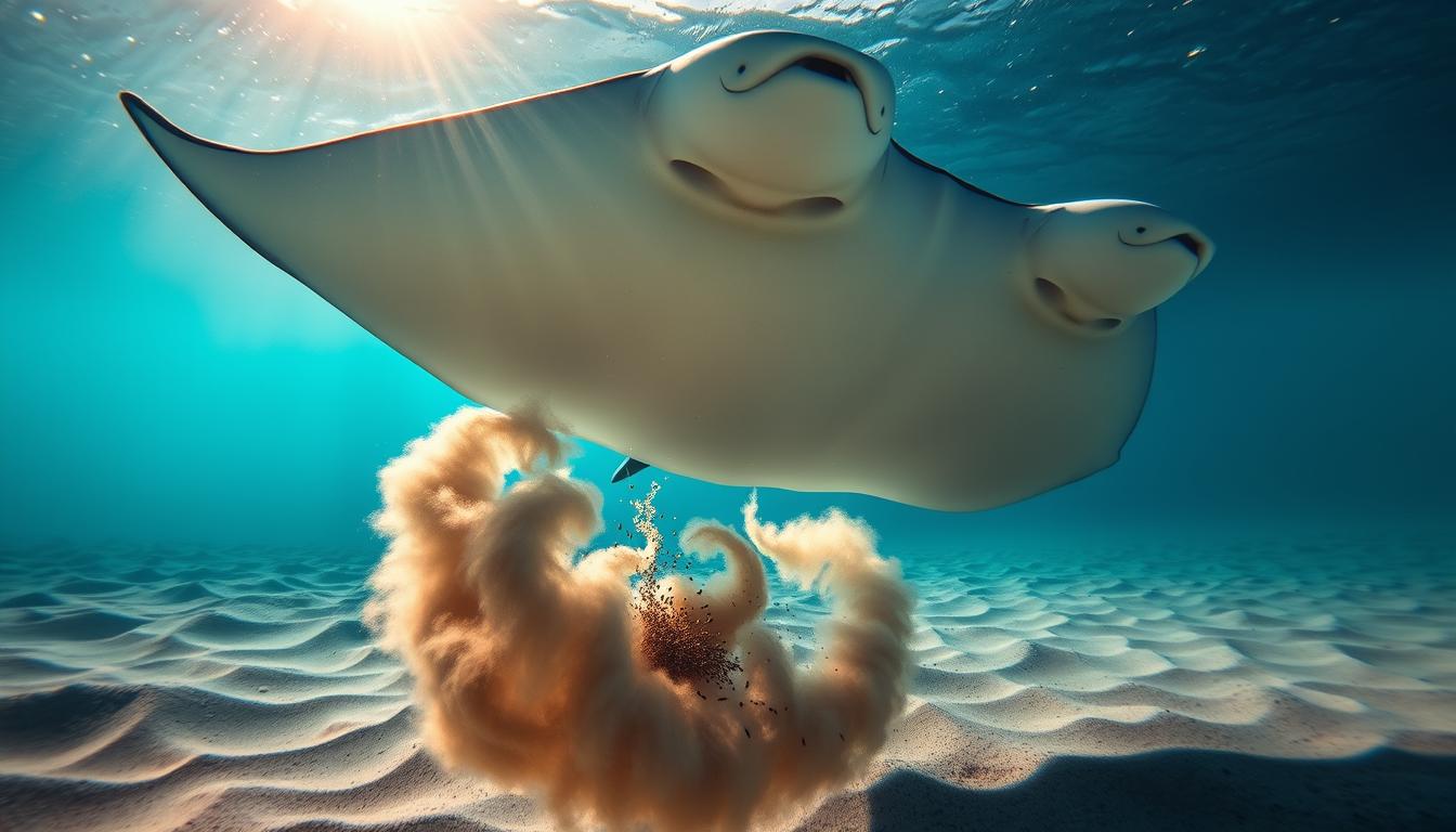In the Pacific, a manta ray’s pulses stir sediment, revealing prey