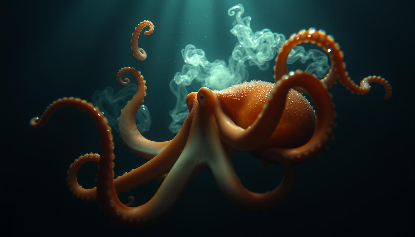 Pacific octopus releasing glowing mucus decoys