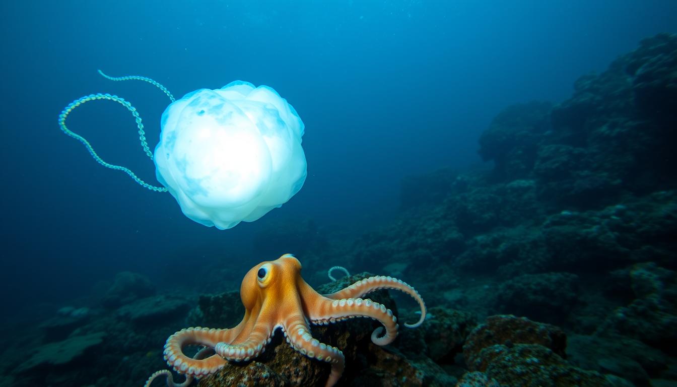In the Pacific, an octopus crafts glowing mucus decoys, evading predators
