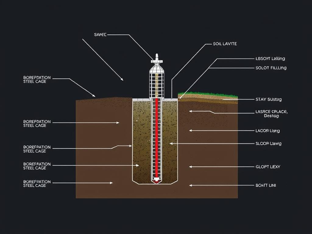 Jasa Bore Pile Jombang 7 Ilustrasi penampang pondasi bore pile Jombang dengan detail struktur dan komponen