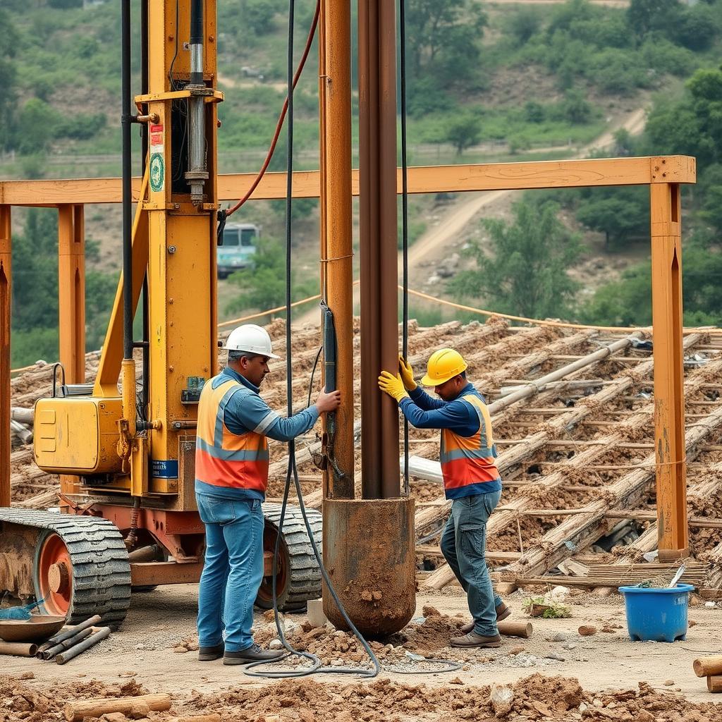 Bore Pile Mini Crane dan Gawangan Profesional 5 Alat bore pile gawangan dengan pekerja konstruksi