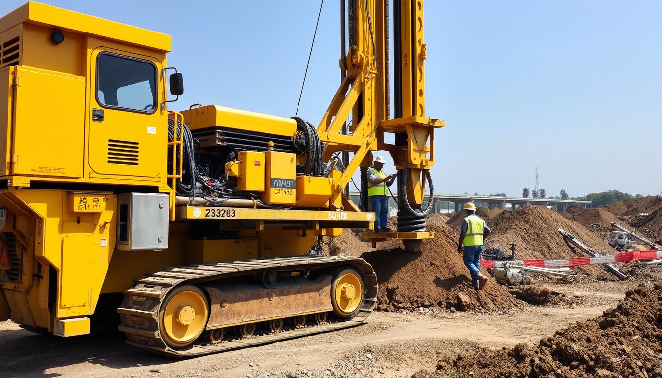 Jasa Bore Pile Jombang 6 Jasa Bore Pile Jombang - Mesin pengeboran pondasi bore pile sedang beroperasi di lokasi proyek konstruksi di Jombang