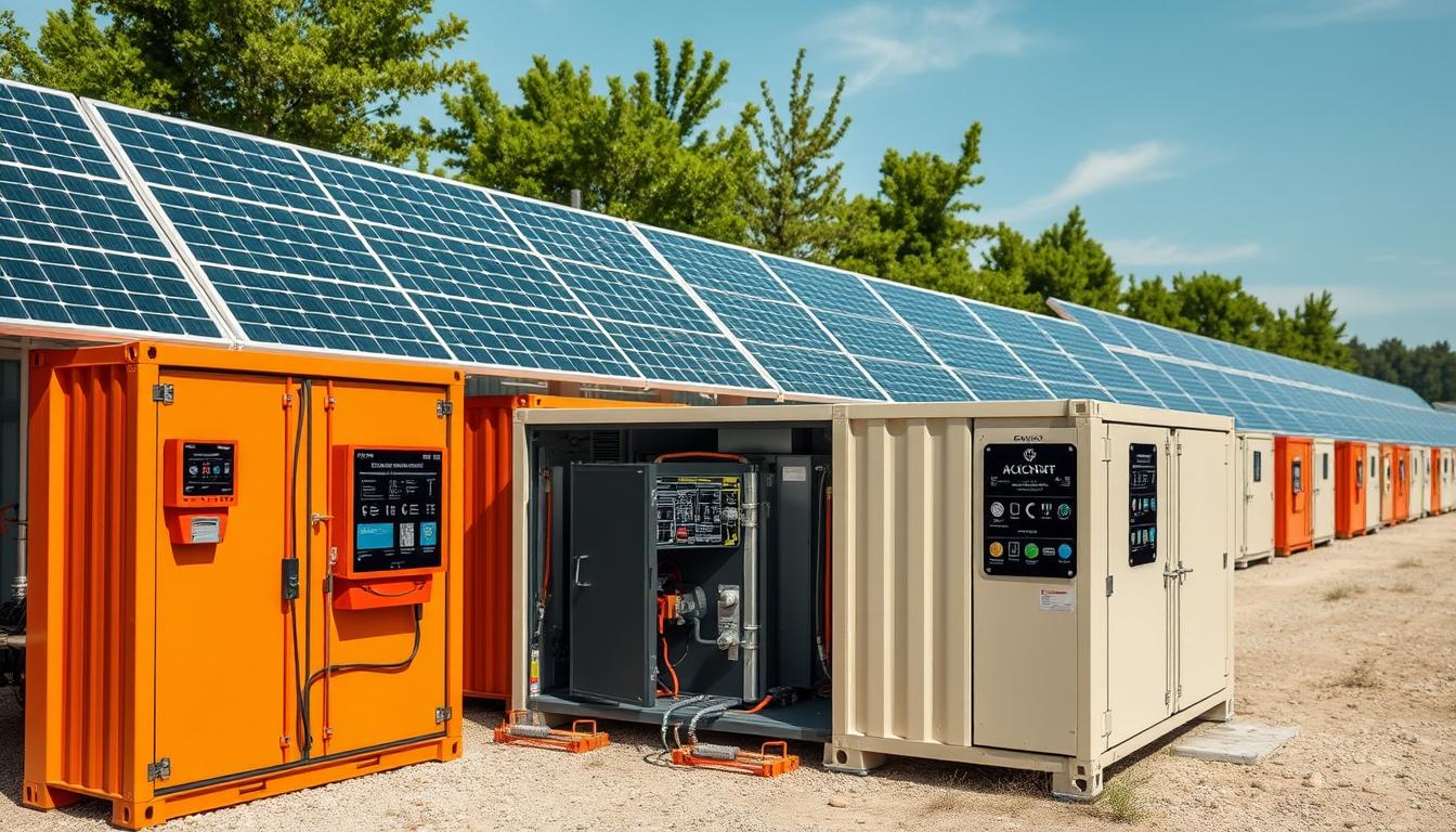 Renewable energy storage facility with Smart BMS IoT integration monitoring solar panels and battery systems