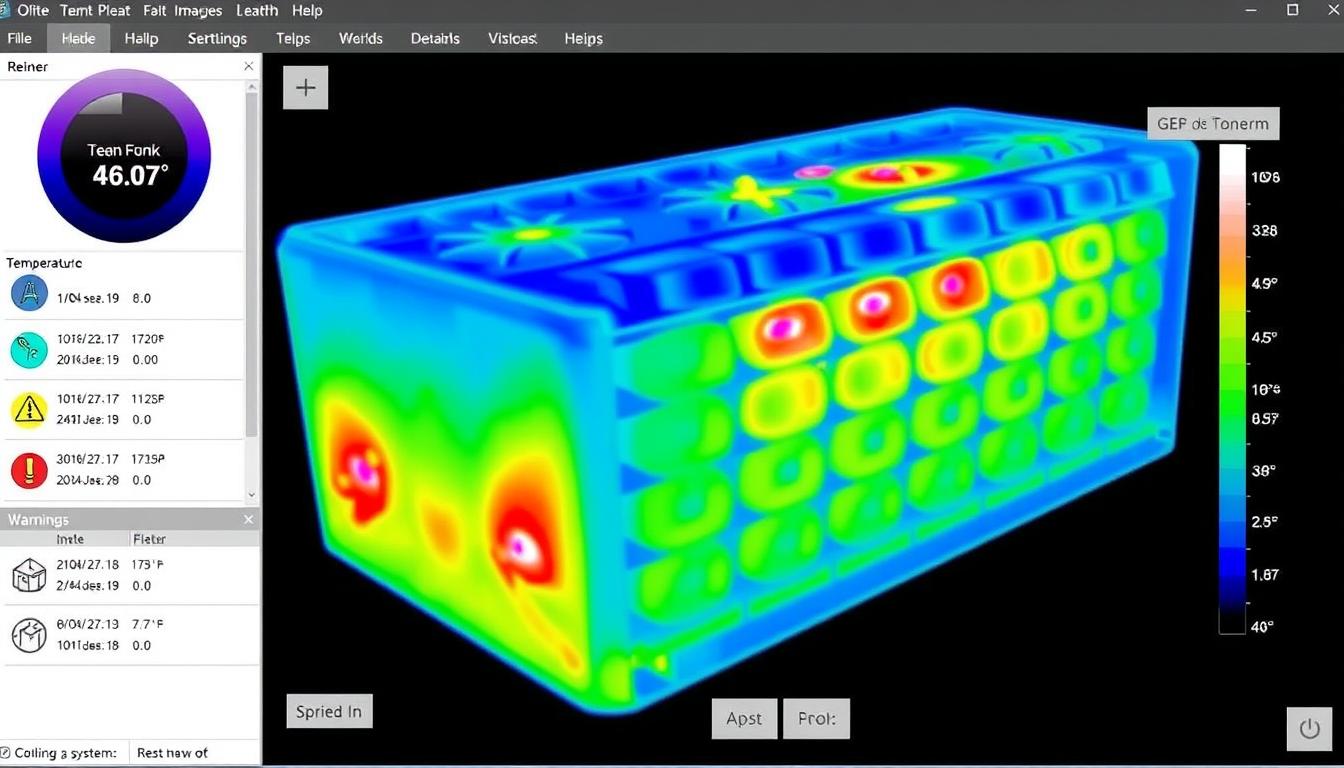 Thermal imaging visualization in battery management software showing temperature distribution
