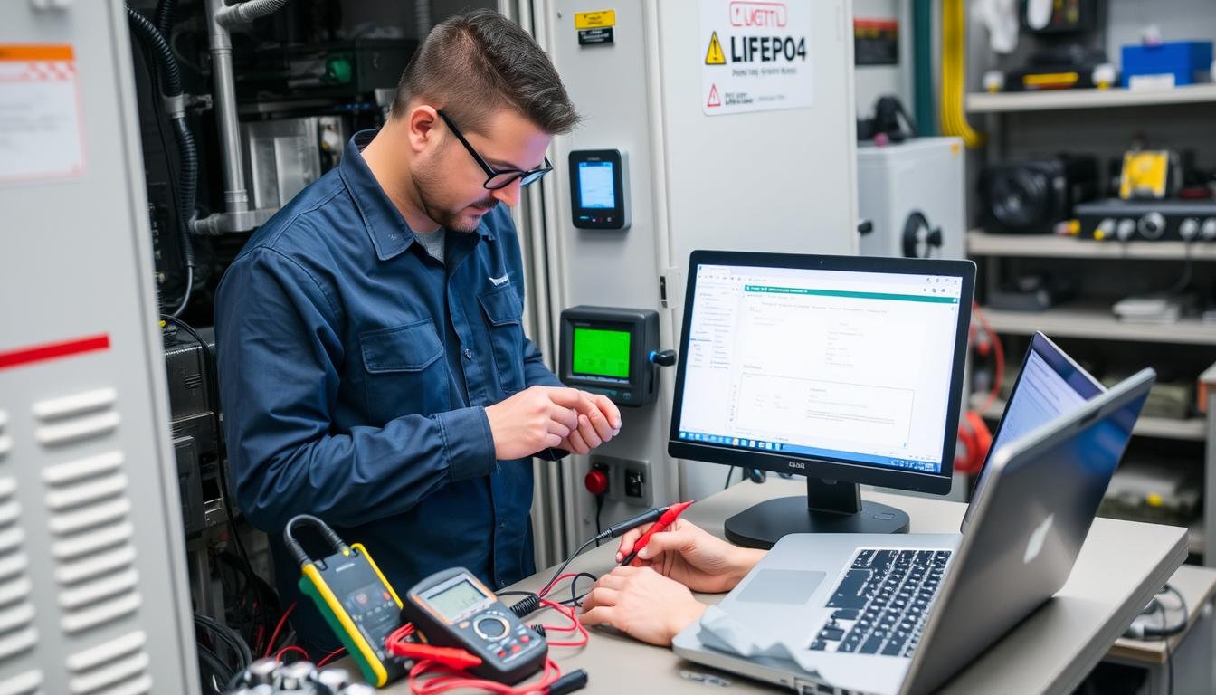 Technician troubleshooting LiFePO4 BMS with diagnostic equipment