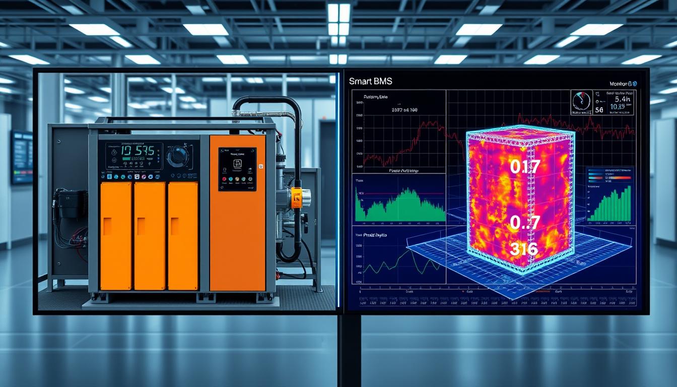 Digital twin visualization of battery system with Smart BMS IoT integration showing real-time performance comparison