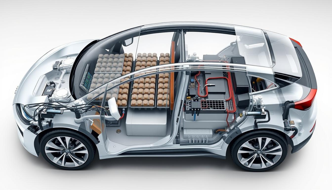 Electric vehicle battery pack with visible BMS components and cooling system
