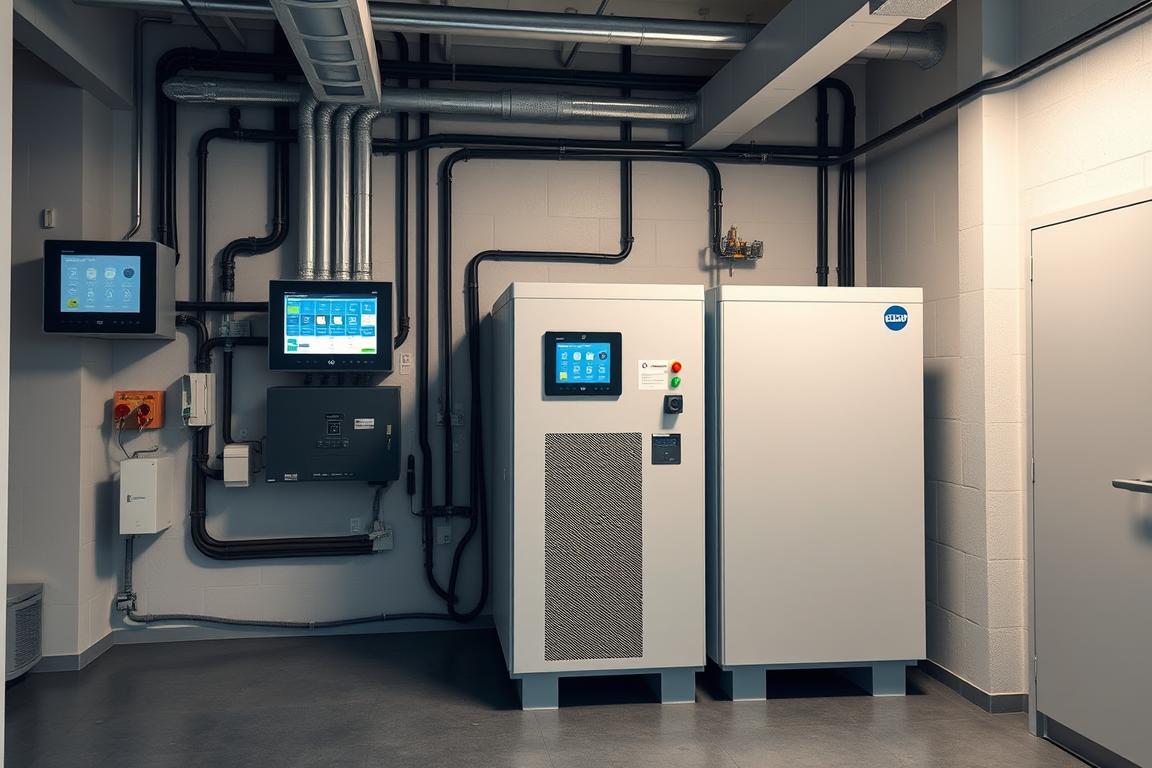 Commercial building with visible energy storage system installation showing BMS integration with building management systems