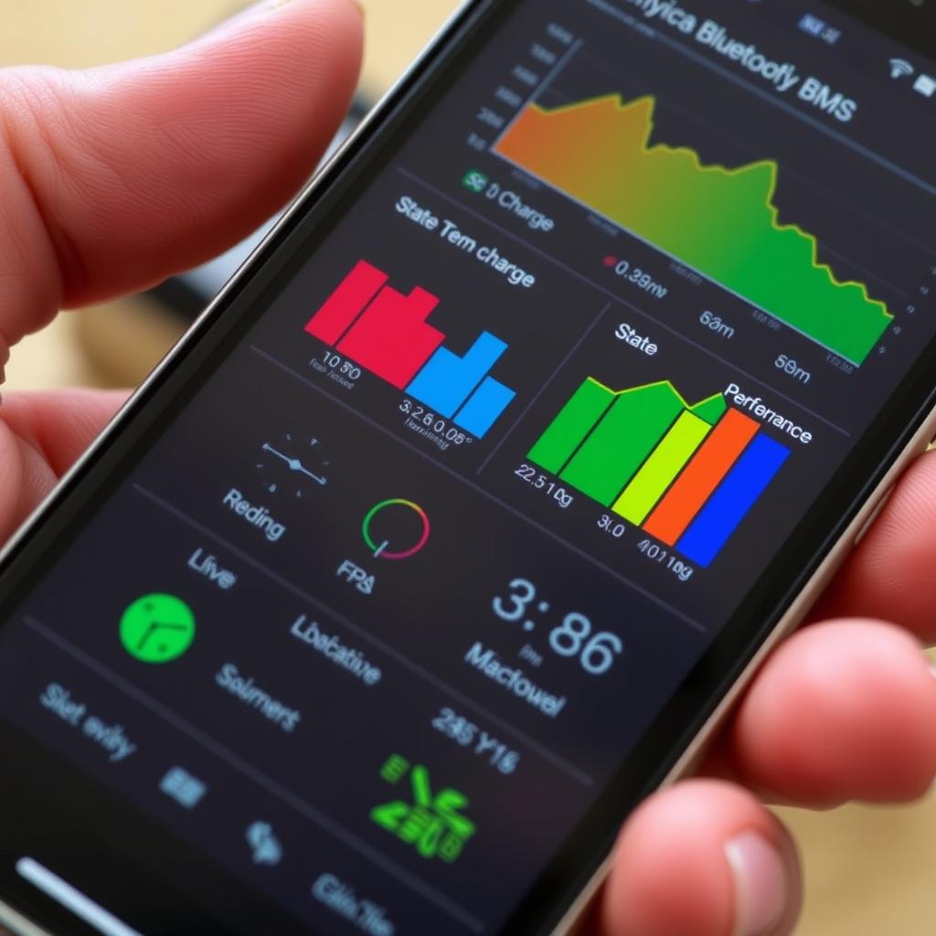 Bluetooth BMS interface showing battery performance metrics on smartphone