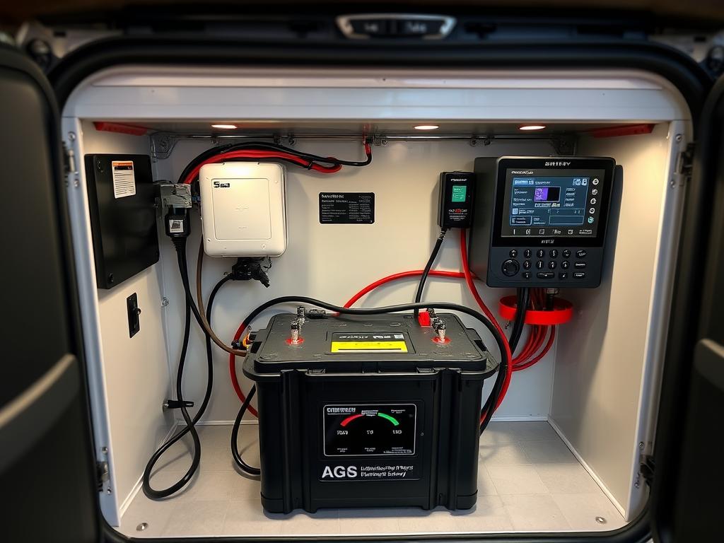 RV lithium battery installation with BMS monitoring display