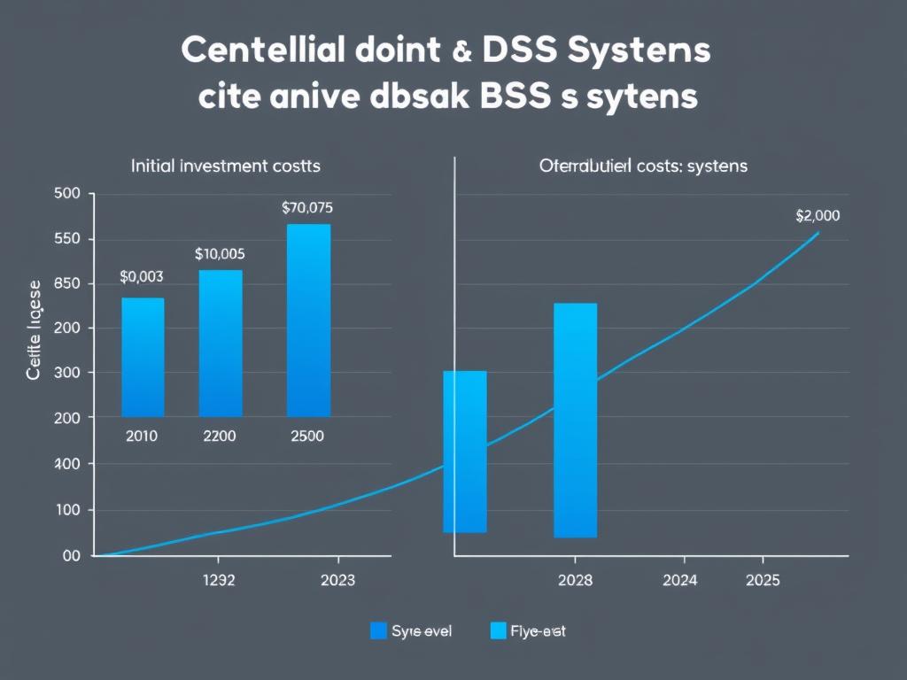 Cost factors diagram showing initial investment vs. long-term operational costs for centralized and distributed BMS systems with ROI timeline