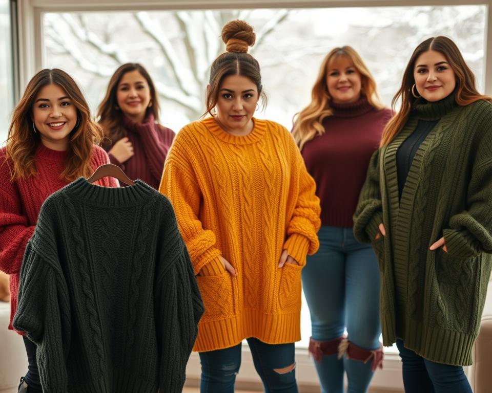 A cozy, stylish plus-size winter scene featuring fashionable sweaters and cardigans. In the foreground, a range of high-quality, on-trend knits in rich, autumnal hues like burgundy, forest green, and mustard yellow. The sweaters have intricate cable-knit patterns, oversized silhouettes, and chic details like puff shoulders or ribbed trims. In the middle ground, the models are posed casually, showcasing the sweaters' comfortable yet flattering fits. The background depicts a cozy, winter setting - perhaps a snowy park or a warm, inviting living room - to evoke a sense of comfort and luxury. The lighting is soft and diffused, creating a warm, inviting atmosphere. Captured with a medium-wide angle lens to highlight the overall scene.