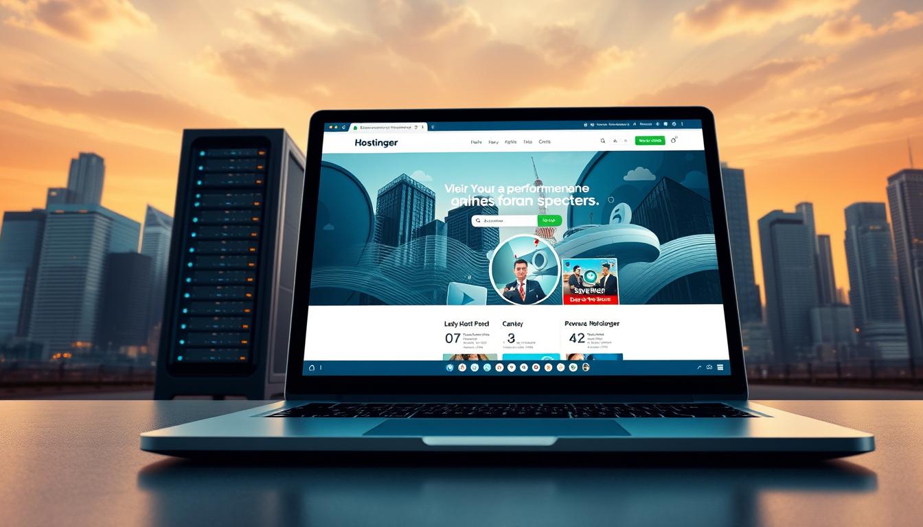 A dynamic website interface showcasing Hostinger's performance and speed capabilities. In the foreground, a sleek laptop displays a fast-loading website, its crisp visuals and smooth animations highlighting Hostinger's reliable infrastructure. The middle ground features server racks, conveying the robust backend powering the website. In the background, a cityscape with towering skyscrapers exudes a sense of urban energy and progress, symbolizing the growth and success Hostinger's hosting solutions can bring to a business. Warm, diffused lighting casts a professional, authoritative tone, while a cinematic camera angle emphasizes the scale and importance of the scene.