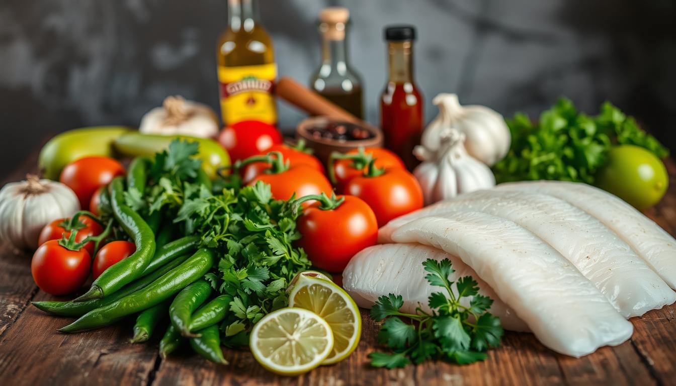 A still life photograph of the ingredients necessary to prepare fish fillets in a guajillo and chipotle sauce. In the foreground, neatly arranged on a rustic wooden table, are the main components: fresh white fish fillets, guajillo chiles, chipotle chiles, tomatoes, onions, garlic, cilantro, lime wedges, and a bottle of olive oil. The middle ground features a few cooking utensils like a wooden spoon and a small bowl. The background is slightly blurred, giving emphasis to the array of vibrant, textured ingredients. The lighting is soft and natural, casting gentle shadows and highlighting the colors and textures of the items. The overall mood is one of simplicity, authenticity, and the promise of a flavorful, homemade Mexican dish.