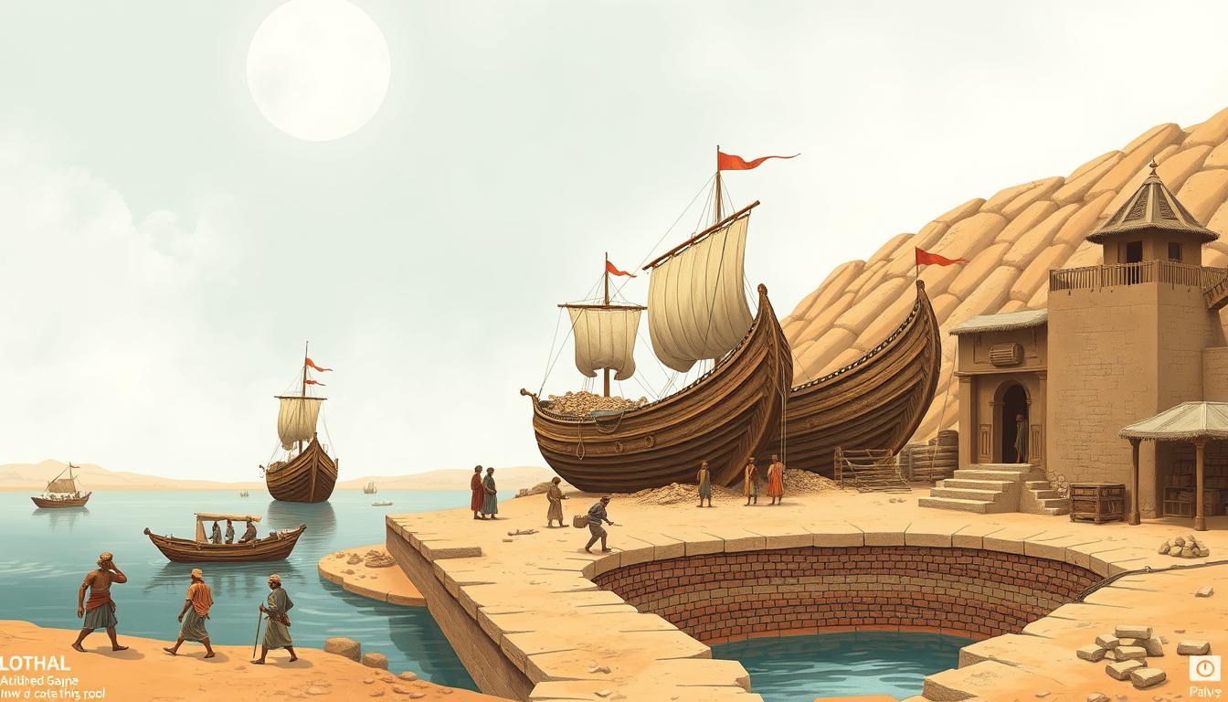 Reconstruction of Lothal dockyard, showing how Harappan ships would have been loaded with trade goods
