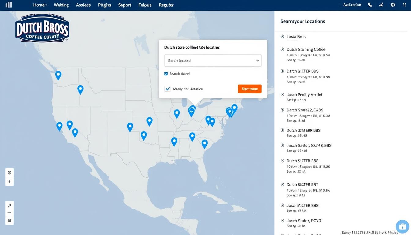 Screenshot of the Dutch Bros store locator tool showing locations United States on an interactive map