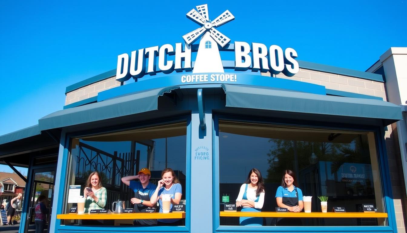 Dutch Bros coffee shop with colorful branding and smiling baristas serving customers
