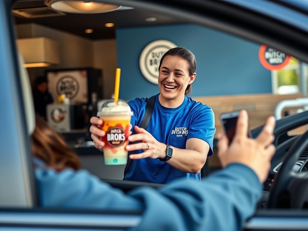 Dutch Bros barista preparing coffee at a United States location with customers visible