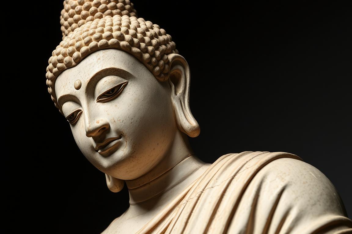 Gandharan sculpture showing Buddha with Greek-influenced drapery and facial features