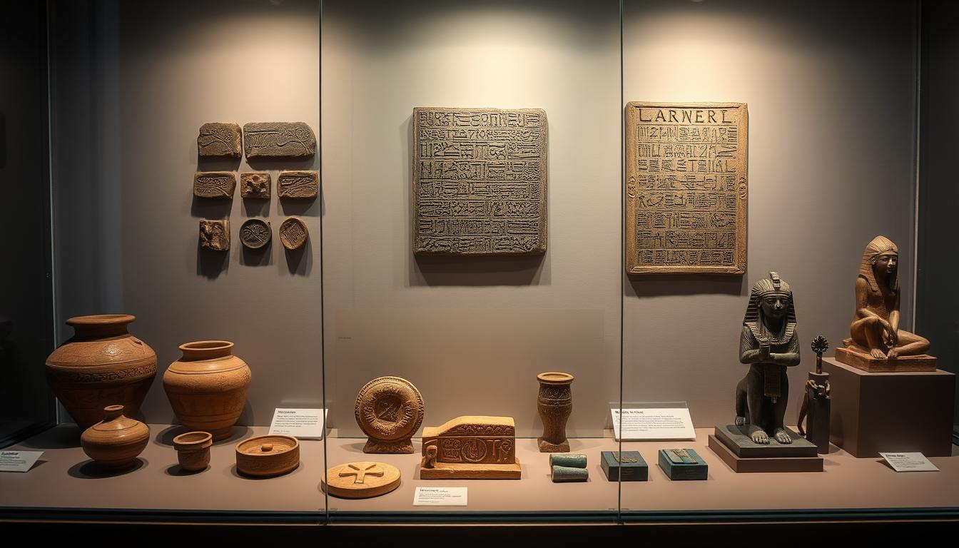 Comparative display of artifacts from Mehrgarh, Mesopotamia, and Ancient Egypt showing similarities and differences