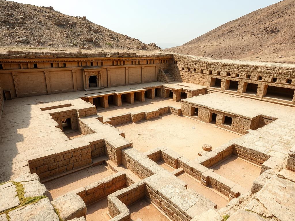 Remains of a Buddhist university complex in Gandhara showing lecture halls and residential cells