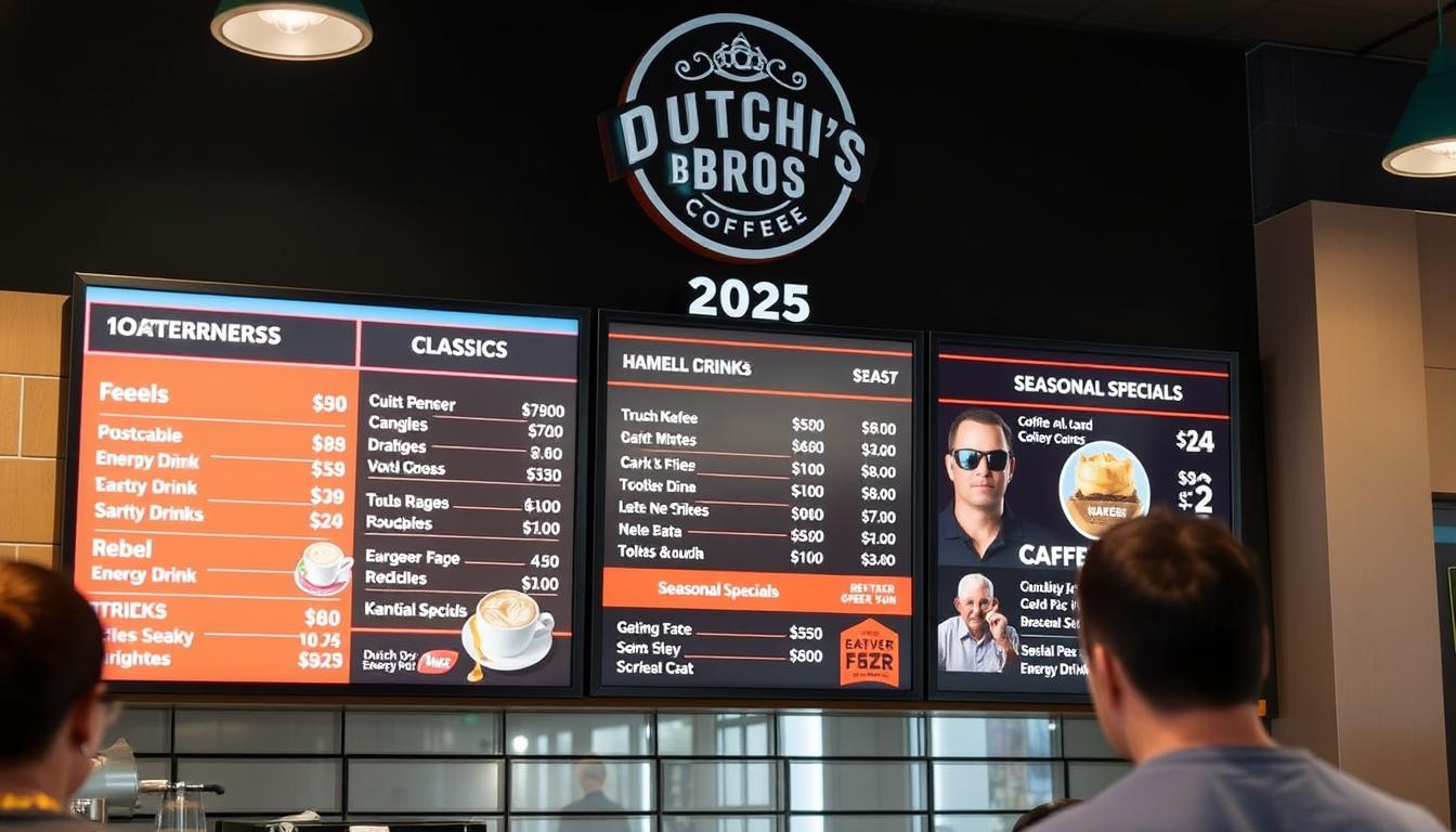 Dutch Bros Menu 2025 Prices displayed on digital menu board with seasonal specials highlighted