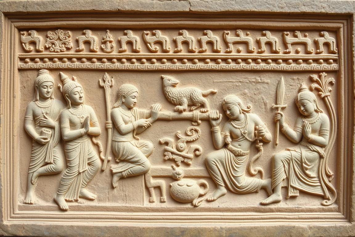 Relief panel depicting a Jataka tale with multiple figures and narrative elements
