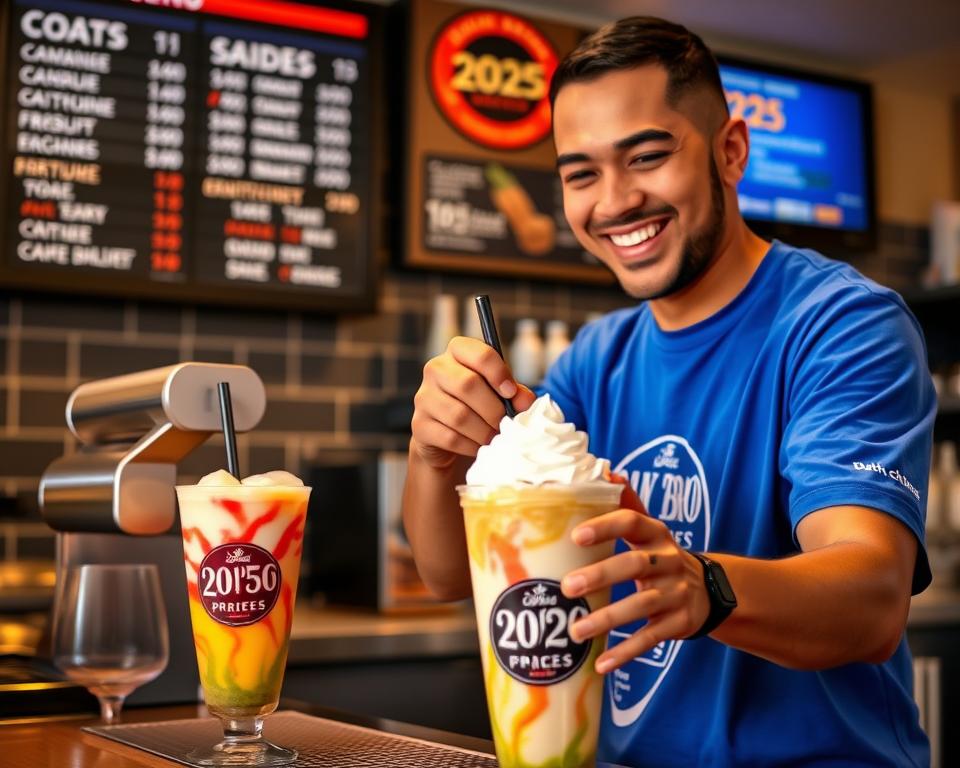 Dutch Bros barista preparing a specialty coffee drink with the 2025 menu visible in the background