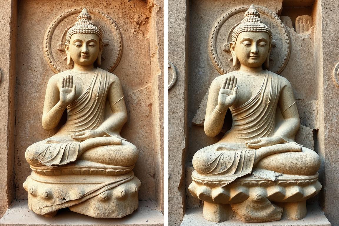 Damaged Buddhist sculptures showing evidence of deliberate destruction during the Hun invasions