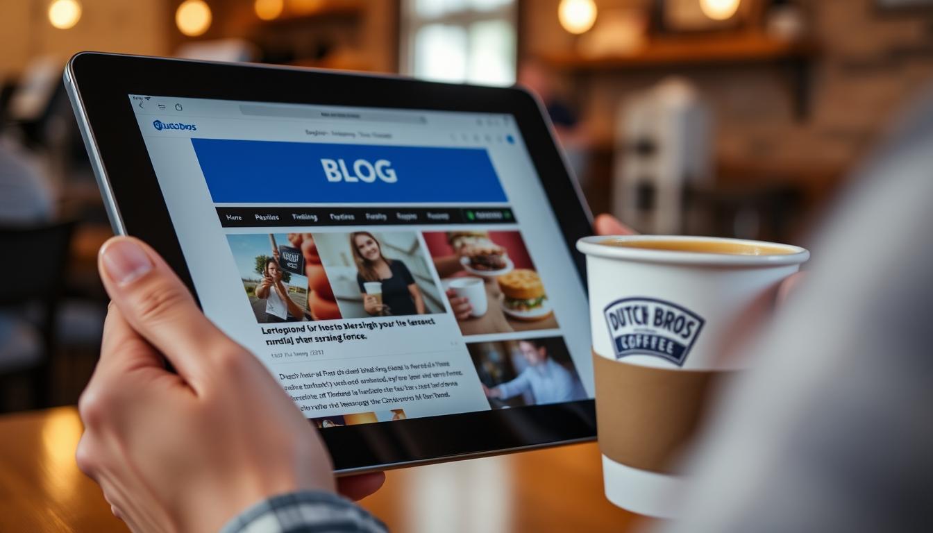 Person reading the Dutch Bros Blog on a tablet while enjoying Dutch Bros coffee