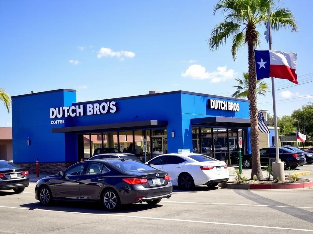 Dutch Bros coffee shop in San Antonio, Texas with customers at the drive-thru window