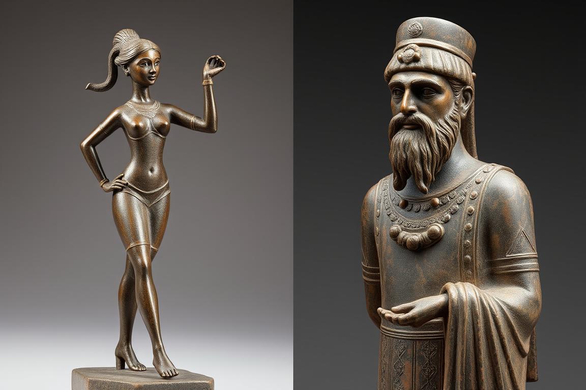 The famous 'Dancing Girl' bronze statuette and 'Priest-King' sculpture from Mohenjo-Daro