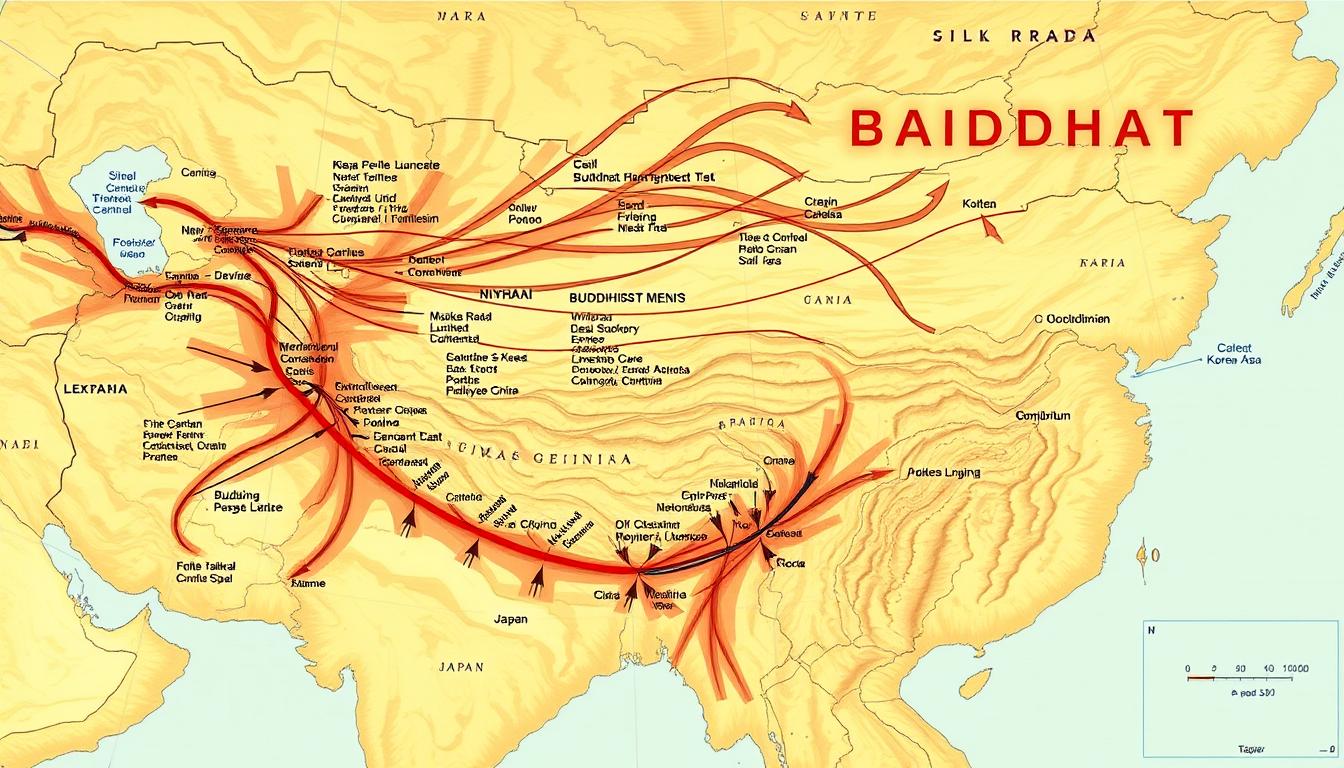 Map showing the spread of Buddhism from Gandhara along the Silk Road to China and beyond