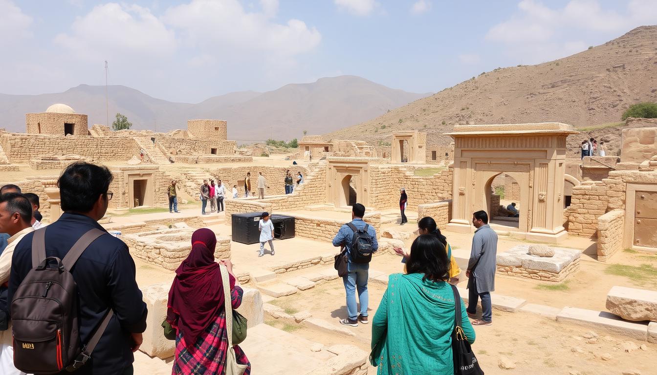Tourists visiting a Gandharan archaeological site in Pakistan