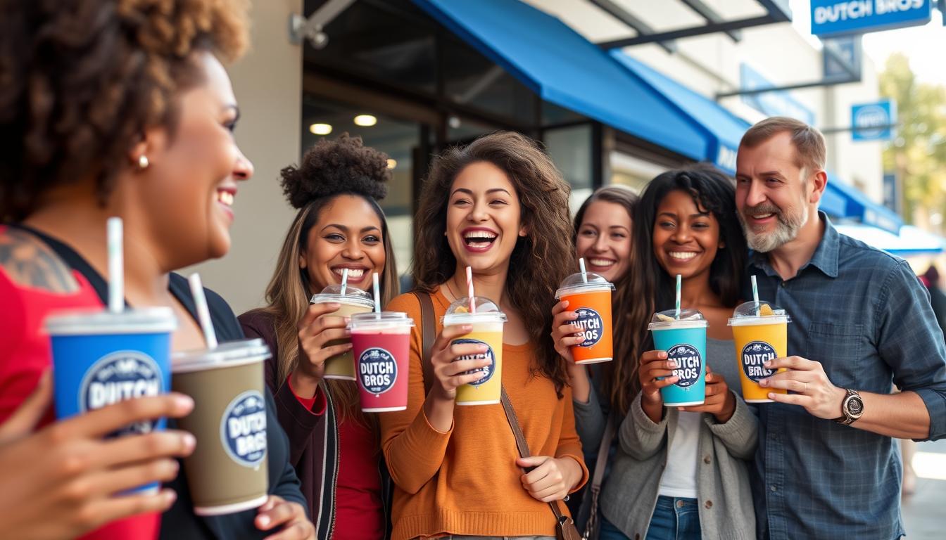 Dutch Bros customers enjoying drinks at a United States location showing the brand's community atmosphere