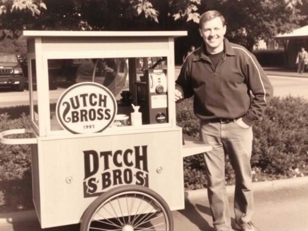 Dutch Bros founders with their original coffee cart showing the humble beginnings of the brand