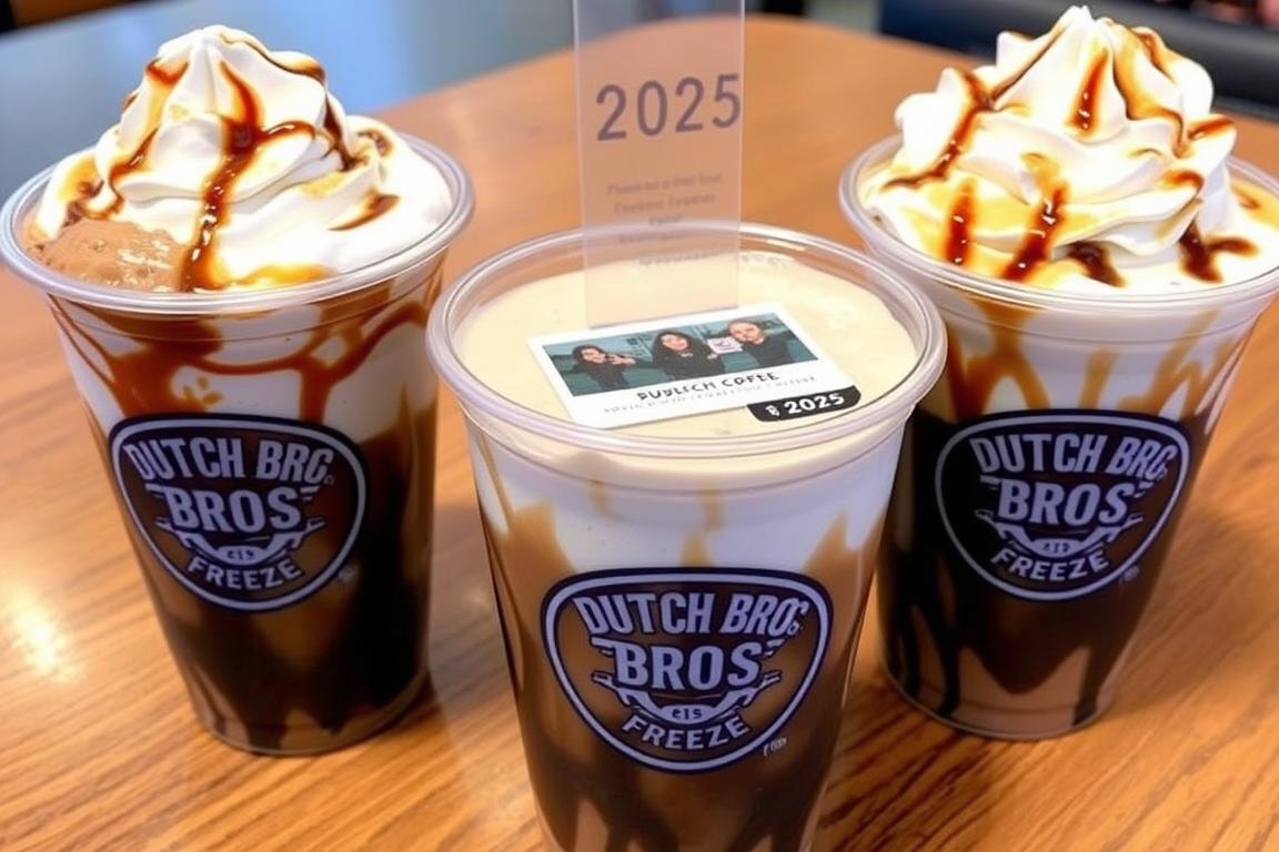 Dutch Bros Freeze drinks with 2025 menu prices displayed on table