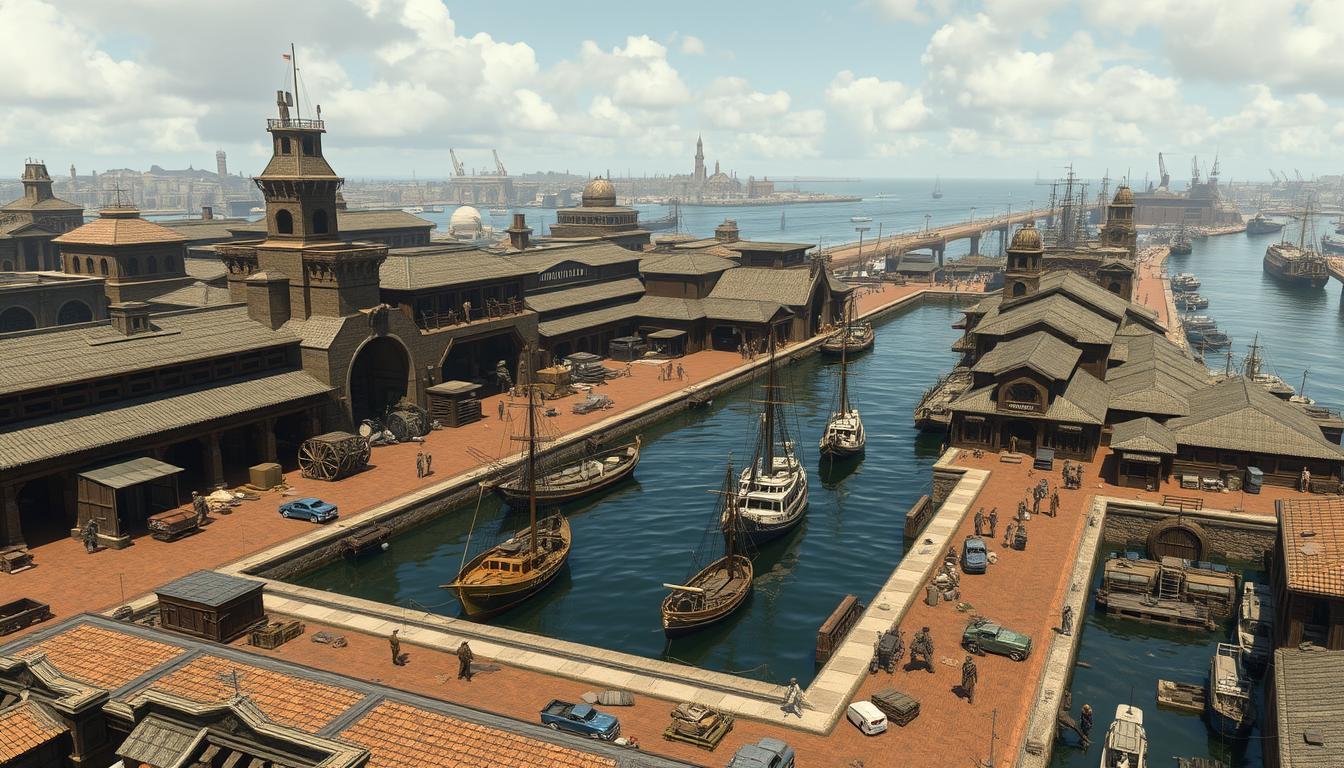 Reconstruction of the Lothal dockyard showing boats and maritime trade activities