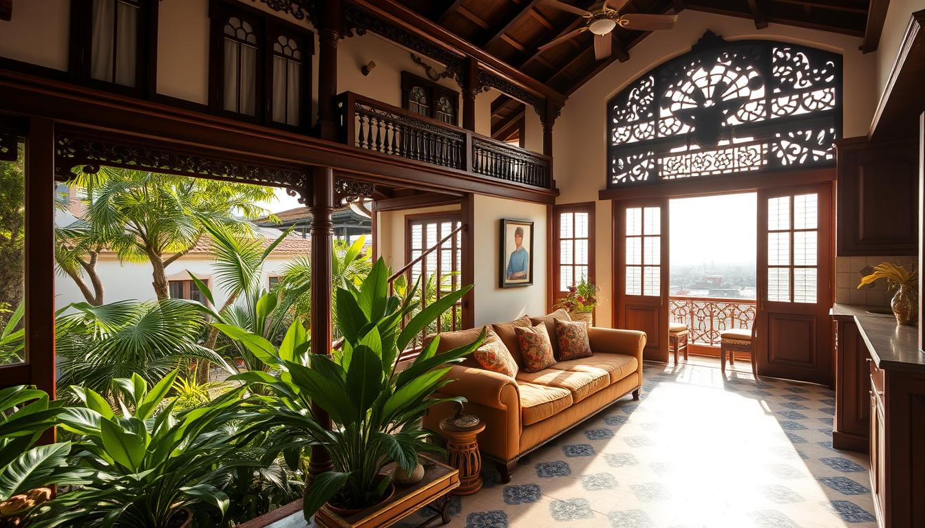 A welcoming two-story Muslim-friendly homestay nestled in the heart of Melaka's historic district. The building features a traditional Baba Nyonya architectural style with intricate wooden carvings and vibrant blue-and-white tiles. The front porch overlooks a lush, well-manicured garden filled with tropical plants. Soft morning sunlight filters through the windows, casting a warm, cozy glow throughout the interior. The living room showcases plush, comfortable sofas and traditional Malay textiles. A modern, fully-equipped kitchen sits adjacent, catering to the needs of Muslim guests. Upstairs, spacious bedrooms offer en-suite bathrooms and panoramic views of the city skyline. An overall atmosphere of tranquility and cultural authenticity permeates the space.