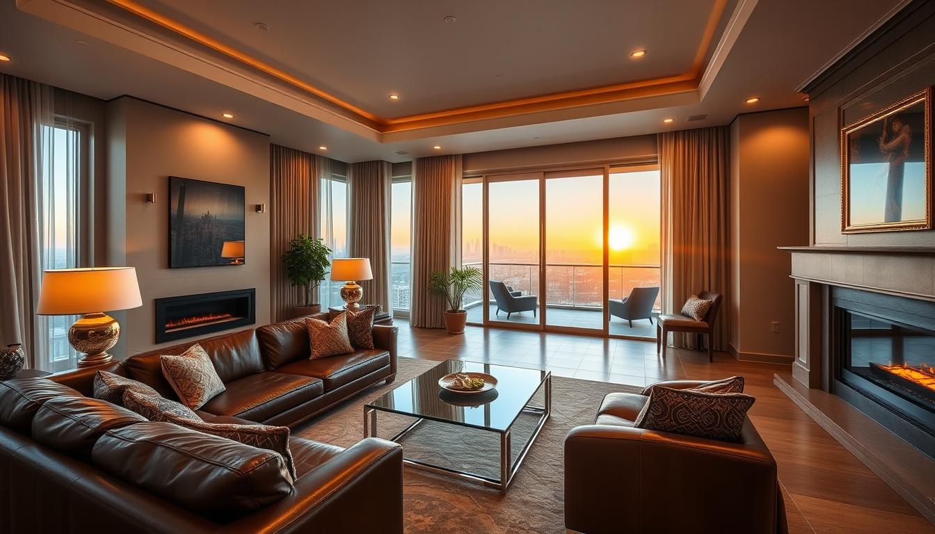 A luxurious private rental showcasing a well-appointed living room with plush leather sectional sofa, glass-top coffee table, and a grand fireplace. Soft ambient lighting from floor lamps and recessed ceiling fixtures creates a cozy, inviting atmosphere. The room opens to a private balcony, revealing breathtaking views of the city skyline in the distance, bathed in the golden glow of sunset. Elegant drapes frame the panoramic windows, allowing natural light to fill the space. Tasteful artwork and potted plants add touches of sophistication, while a wet bar in the corner caters to the indulgent needs of discerning guests.