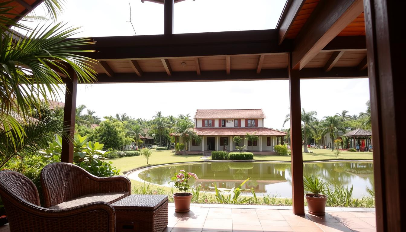 A warm, welcoming family-friendly Johor Bahru homestay nestled amidst lush greenery. In the foreground, a cozy porch with rattan furniture and potted plants invites guests to relax. The middle ground features a two-story colonial-style building with wooden shutters and a tiled roof, surrounded by swaying palm trees. In the background, a tranquil pond reflects the picturesque scene, while wispy clouds drift across a bright, sun-dappled sky. The overall atmosphere conveys a sense of tranquility and comfort, perfect for a peaceful getaway with loved ones.