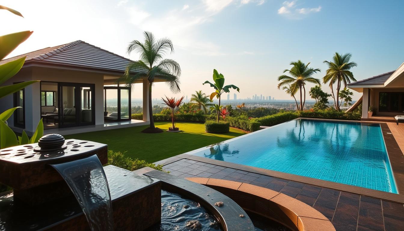 A luxurious Johor Bahru homestay nestled amidst lush greenery, its expansive kolam renang, or swimming pool, glistening in the warm afternoon sun. The contemporary design features clean lines and natural materials, seamlessly blending indoor and outdoor living spaces. Guests are welcomed by a tranquil ambiance, with the gentle sound of flowing water from a tasteful water feature in the foreground. The middle ground showcases a well-manicured garden, dotted with vibrant tropical foliage, while the background reveals a panoramic view of the city skyline. Soft, diffused lighting casts a serene glow, creating an atmosphere of relaxation and rejuvenation, perfect for a luxurious Johor Bahru getaway.