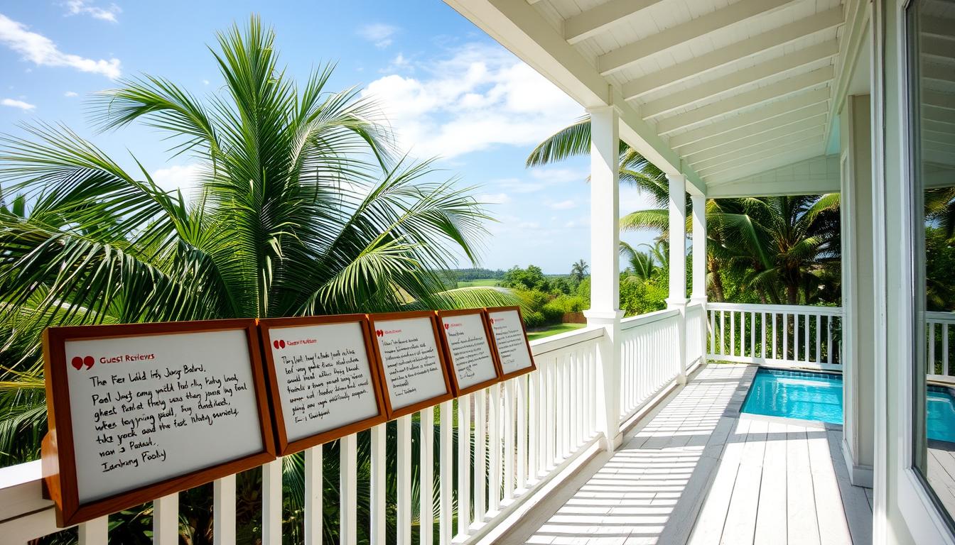 A sun-dappled outdoor setting with a white wooden porch overlooking a lush, verdant tropical landscape. The porch features a series of framed guest reviews, each describing the positive experiences of visitors to a top-rated Johor Bahru homestay with a sparkling swimming pool. The reviews are handwritten in a casual, genuine style, with small icons or illustrations adding visual interest. A gentle breeze ruffles the leaves of the palm trees in the background, creating a tranquil, relaxed atmosphere that invites the viewer to imagine themselves as a satisfied guest.