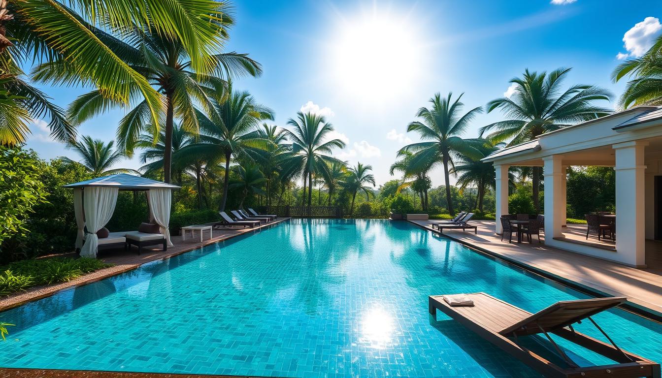 A luxurious Johor Bahru homestay nestled amidst lush greenery, featuring a captivating infinity pool that appears to blend seamlessly with the surrounding landscape. Sunlight filters through the canopy of towering palm trees, casting a warm, golden glow across the pristine, sparkling water. Elegant cabana-style loungers invite guests to relax and soak up the serene ambiance, while a modern, minimalist exterior blends harmoniously with the natural setting. This tranquil oasis offers a truly immersive and indulgent escape, perfect for a rejuvenating getaway in the heart of Johor Bahru.